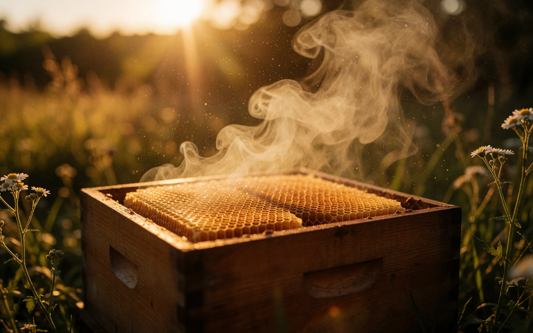 A hive box in a wildflower yard
